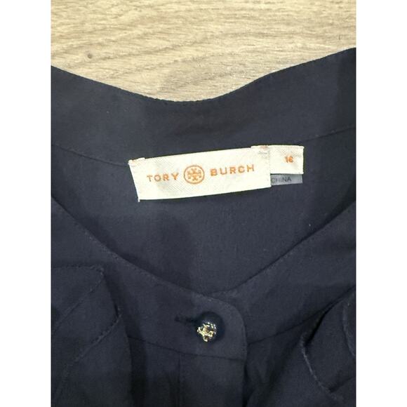 Tory Burch Jane Ruffled Crepe de Chine Shirt Dress Navy Women’s 16 Luxury Office - Picture 3 of 8